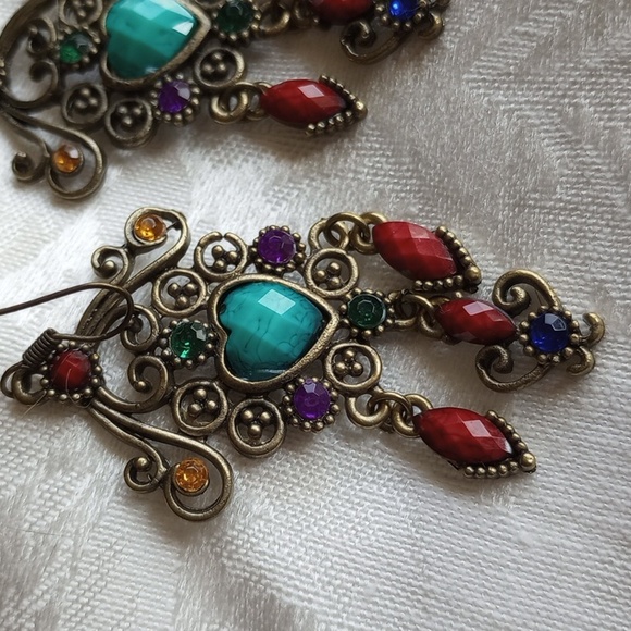Colorful faux turquoise heart scrolls and dangling rhinestone hook earrings - Picture 2 of 5